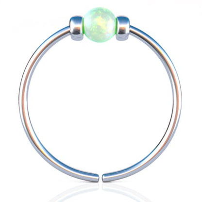 925 Sterling Silver & 14K Gold Filled Nose Ring Hoop Handmade Piercing Jewelry For Women - 24 Gauge 2mm,7mm Tiny Nose Ring with Opal - Gift Ready - color: Green Opal Silver