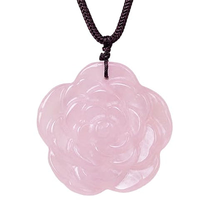 Crystal Flower Pendant Necklace for Women, Hand Carved Sculpted Flower Bloom Charm, Healing Stone Jewelry Gift for Her Mom Girlfriend - color: Pink