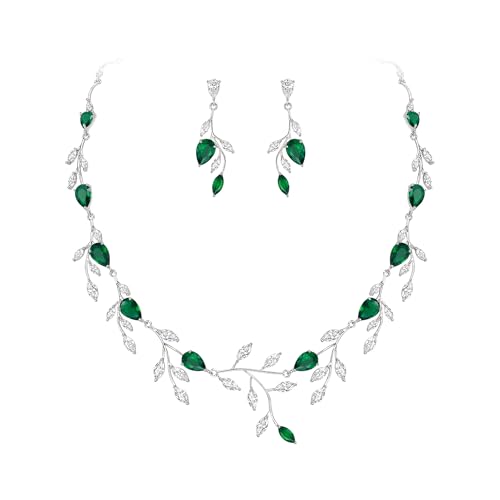 Cubic Zirconia Leaf Vine Wedding Jewelry Set for Bride Women Bridesmaid | Pear-Shaped Birthstone, Necklace Dangle Earrings for Bridesmaid, Silver-Plated-Brass - color: 2pcs_Green