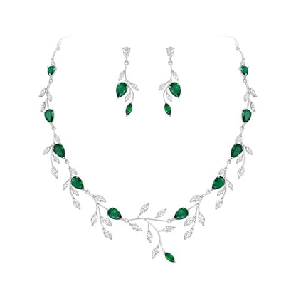 Cubic Zirconia Leaf Vine Wedding Jewelry Set for Bride Women Bridesmaid | Pear-Shaped Birthstone, Necklace Dangle Earrings for Bridesmaid, Silver-Plated-Brass - color: 2pcs_Green