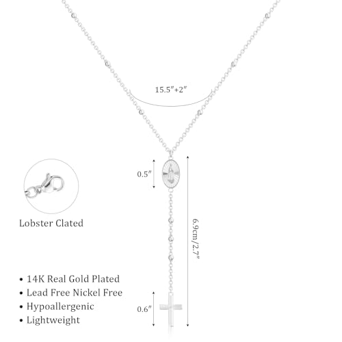 Lariat Gold Necklace for Women, Dainty Long Necklace 14k Gold Plated/Silver Y-Shaped Pendant Necklace Trendy Layered Cz Beaded Chain Drop Necklaces Simple Gold Jewelry for Women Gift - style: LC-1NK-22031-SLW