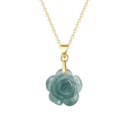 Real Green Jade Pendant Necklace for Women Donut/Heart/Clover/Teardrop/Rose/Lotus Flowers Genuine Jadeite Jewelry with Gold Plated 925 Sterling Silver Chain - style: Rose Silver Necklace