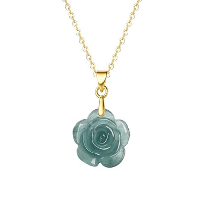 Real Green Jade Pendant Necklace for Women Donut/Heart/Clover/Teardrop/Rose/Lotus Flowers Genuine Jadeite Jewelry with Gold Plated 925 Sterling Silver Chain - style: Rose Silver Necklace