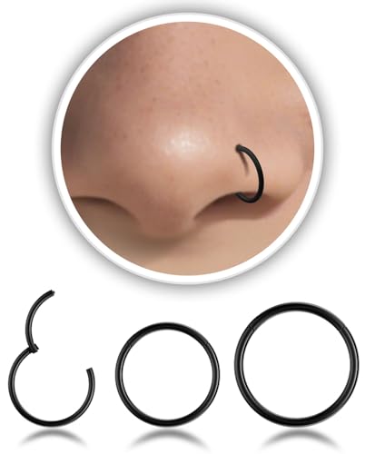 AMASIS Nose Rings and Nose Studs Set, Stainless Steel Hinged Nose Hoops and CZ Studs, Select Sizes and Styles for Nostril Septum Cartilage Piercing Jewelry - color: Black, size: 3-Piece Hoops,16Gauge,6/8/10mm