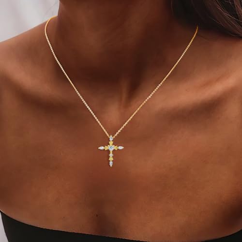 14K Gold Plated | 14K Platinum Plated Necklace for Women Necklace Earrings Set with Sparkling Zircon Inlay and Silver Post Earrings - color: Cross set Gold