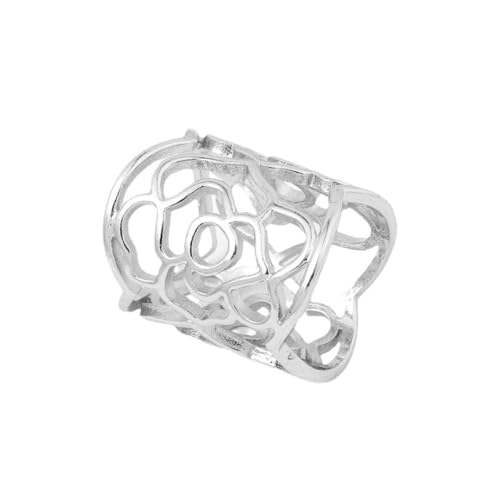 Hollow Rose Flower Silk Scarf Ring for Women Minimalist Floral Scarves Shawl Clips Holder Brooch Statement Ring Fashion Decoration Jewelry - color: Silver