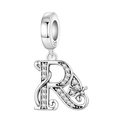 2 Pack 925 Sterling Silver Butterfly Letter Charms for Bracelets and Necklace Alphabet Initial Dangle Pendants Round Spacer Beads Pave Cubic Zirconia Jewelry Gift for Women - color: R Set
