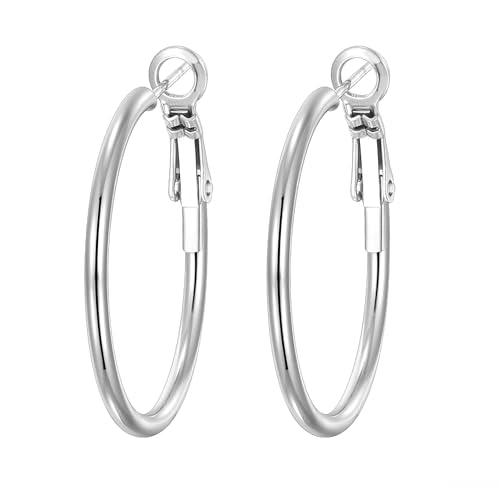 4 Pairs Silver Gold Hoop Earrings for Women | 14K Gold Plated Hoop Earrings Set Hypoallergenic Earring Lightweight Dangle Earrings Set - color: 1 Pair Silver-30mm