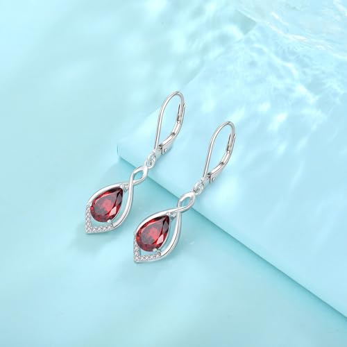 Infinity Teardrop Earrings 925 Sterling Silver Dangle Drop Leverback Earrings Birthstone Jewelry for Women - color: Deep Red