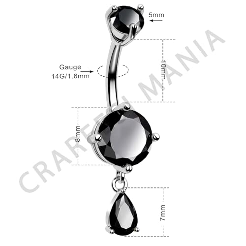 Belly Button Ring Dangle Belly Rings 316L Surgical Steel Belly Button Piercing Jewelry Teardrop Navel Ring for Women - color: Silver-Black CZ-10mm