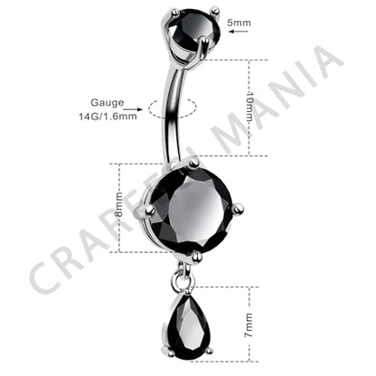 Belly Button Ring Dangle Belly Rings 316L Surgical Steel Belly Button Piercing Jewelry Teardrop Navel Ring for Women - color: Silver-Black CZ-10mm