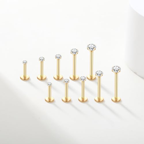 Aumeo 20G 18G 16G Threadless Push in Nose Rings Studs Surgical Steel Labret Jewelry Monroe Lip Rings Studs Medusa Ashley Piercing Jewelry for Women - color: Gold, size: 16g*6/7/8/10/12mm
