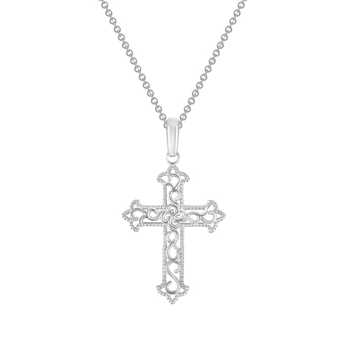 Takar 14K Gold Vermeil and 925 Sterling Silver Filigree Cross Pendant Necklace for Women, Open Work Christian Jewelry, Optional Rolo Chain - color: 925 Sterling Silver