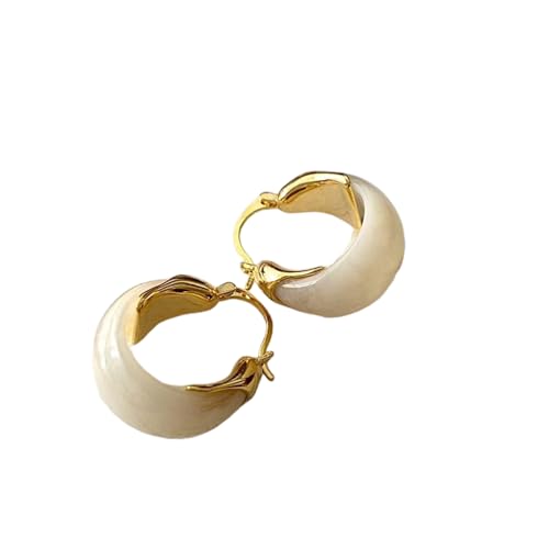 Retro Chunky Gold Brown Amber Hoop Earring, Trendy Boho White Resin Dangling Earrings for Women Dainty Minimalism Daily Party Jewelry Gifts Accessories - color: White