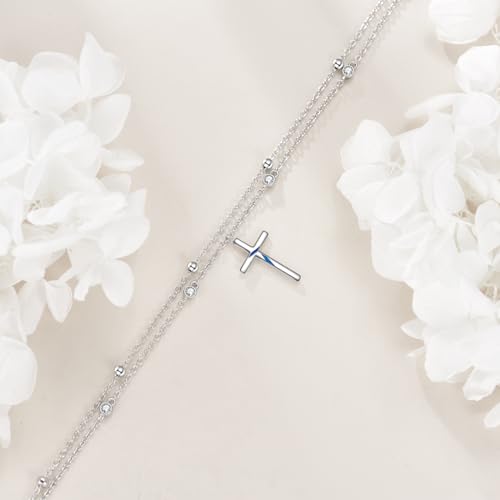 LUHE Cross Ankle Bracelets Sterling Silver Religius Double Chain Anklets Christian Baptism Layered Anklet Jewelry Gifts for Women - style: Elegant cross anklet