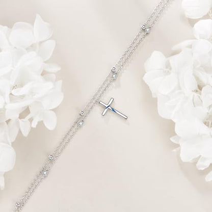 LUHE Cross Ankle Bracelets Sterling Silver Religius Double Chain Anklets Christian Baptism Layered Anklet Jewelry Gifts for Women - style: Elegant cross anklet