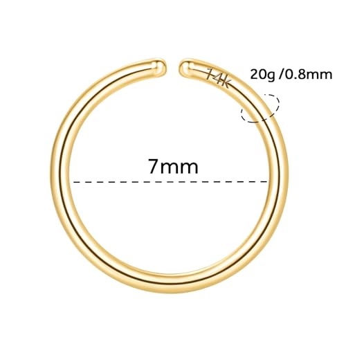 14K Gold Nose Ring Hoop for Women and Men, 6mm/7mm/8mm Tiny Gold Nose Ring Stud Piercing Jewelry, 20G 22G - color: 14k Yellow Gold, size: 20 gauge(0.8mm)-7mm