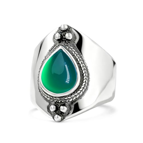 Natural Waterdrop Stone Wide Band Ring,Sterling Silver Genuine Teardrop Crystal Quartz Gemstone Statement Wide Chunky Full Finger Band Ring for Women - color: A04_Green Agate