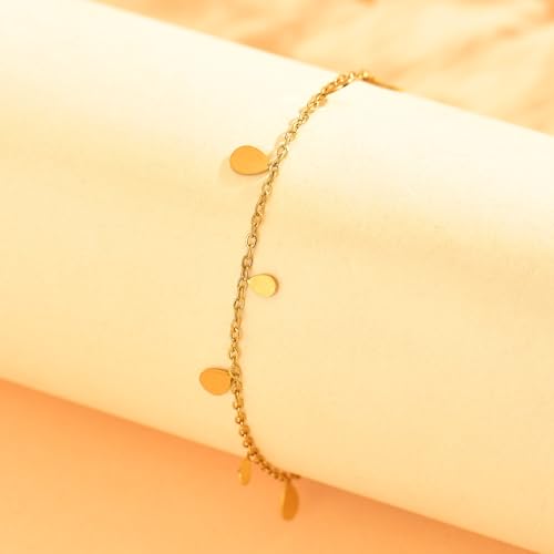18K Gold Plated Ankle Bracelets for Women Stainless Steel Anklet with Star Cross Disc Coin Teardrop Charms Waterproof Thin Chain Ankle Jewelry Gift for Her - style: Waterdrop-Gold