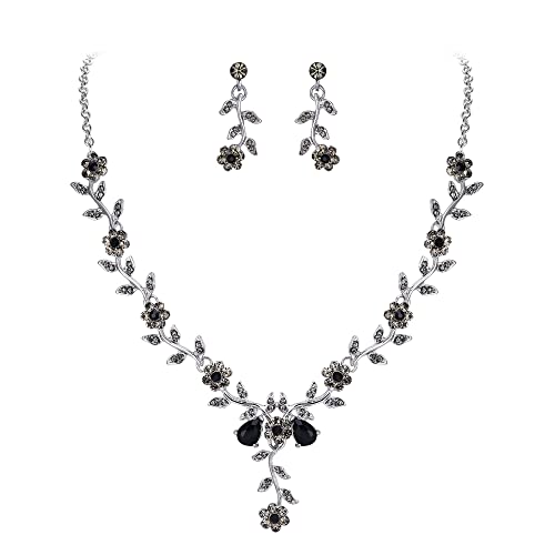 Women's Wedding Jewelry Set for Bride,Prom Bridal Accessories | Bling Crystal,Flower Leaf Cluster,Dangle Earrings Pendant Necklace Set,for Bridesmaid,Party Jewellery - color: 02-Black Silver-Tone