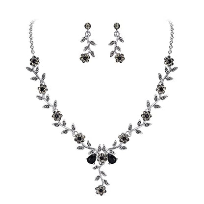 Women's Wedding Jewelry Set for Bride,Prom Bridal Accessories | Bling Crystal,Flower Leaf Cluster,Dangle Earrings Pendant Necklace Set,for Bridesmaid,Party Jewellery - color: 02-Black Silver-Tone