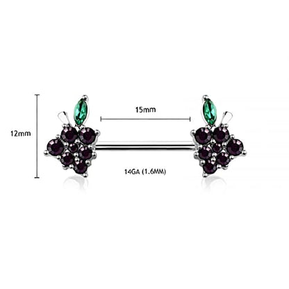 Pierced Owl 14GA 316L Stainless Steel CZ Crystal Grape Ends Nipple Barbells, Sold as a Pair