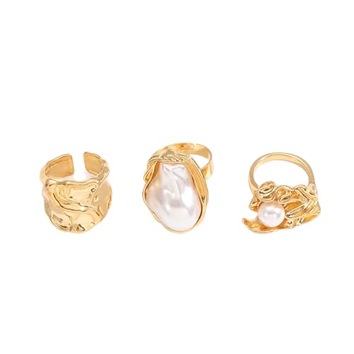 3/6 PCS Silver Chunky Pearl Rings Set for Women Gold Baroque Pearl Flower Open Ring Adjustable Crystal Large Ring Set Personalized Statement Knuckle Rings Fashion Costume Jewelry Accessories - color: gold