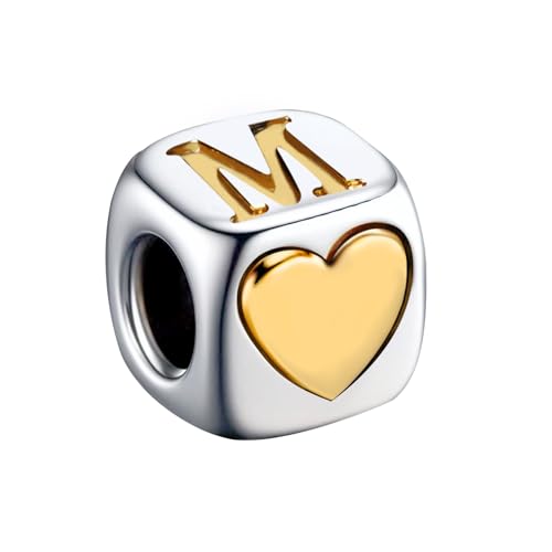 KunBead Initial A-Z Letter Gold Heart Alphabet Love Bead Birthday Charms Compatible with Pandora Charm Bracelet for Women - style: Letter M