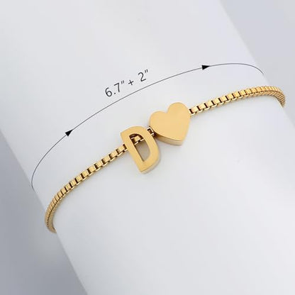Gold Initial Bracelet for Women Dainty Personalized Name Bracelet | 14K Gold Plated, Letter A-Z Bracelet, Tiny Gold Initial Cute Heart Bracelet Jewelry Gift - color: D