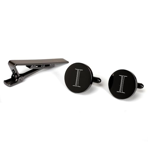 Mens Initial Cufflinks and Tie Clip A-Z Alphabet Letter Black Stainless Cuff Links Tie Bar with Engraved Walnut Wood Box Groom Groomsman Wedding Set - style: Classic-I