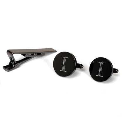 Mens Initial Cufflinks and Tie Clip A-Z Alphabet Letter Black Stainless Cuff Links Tie Bar with Engraved Walnut Wood Box Groom Groomsman Wedding Set - style: Classic-I
