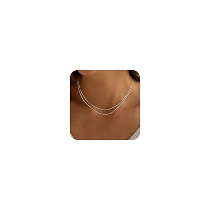 Dainty Sterling Silver Plated Diamond Choker Necklace for Women | Layered Created Diamond Pendent Necklace Set Non Tarnish, Stackable Cuban Chain Choker Jewelry - color: Gold-02