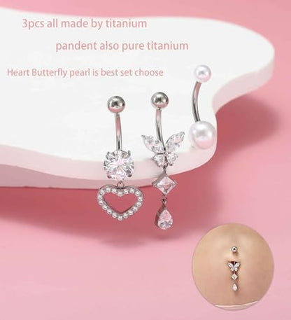 TIANCI FBYJS 3pcs G23 Titanium Pink Belly Button Rings Internally Threaded 10mm Clicker Reverse Curved Hoop Navel Barbell Piercing Jewelry CZ Belly Rings for Women Men - color: silver set 7