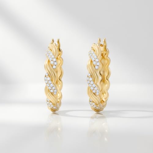Gold Hoop Earrings 14K Gold Earring for Women Twisted Design with Sculpted Texture Hoops Earring for Womens Minimalist Huggie Earring Jewelry Gifts 25mm