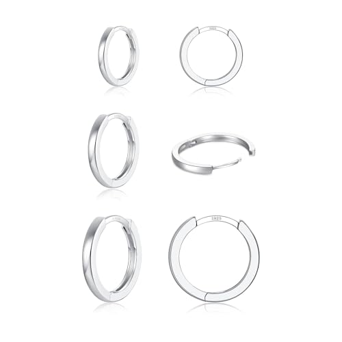 3 Pairs 925 Sterling Silver Small Huggie Hoop Earrings for Women Men | 14K White Gold Plated, Hypoallergenic, Small Silver Hoops - color: O-Silver 6/8/10mm