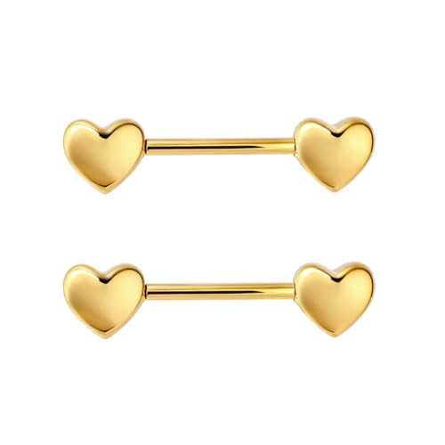 HQLA 14G Dainty CZ Love Heart Nipple Rings Tongue Ring Surgical Steel Nipple rings Piercing Women Barbells 2Pcs 25/8"(16mm) - style: Gold Heart