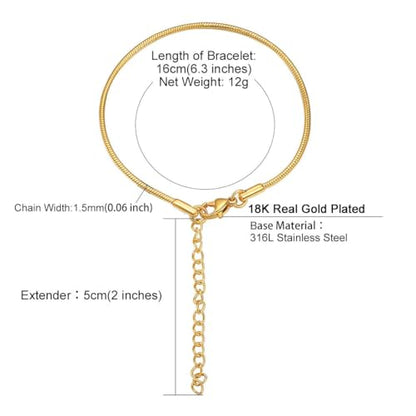 ChainsHouse Stainless Steel Herringbone Flat Chain Bracelets for Women,18K Gold/Rose Gold/Black Metal Paperclip/Snake/Cuban/Figaro Sterling Silver Link Charm Bracelet, 16+5cm Adjustable, With Gift Box - color: d. snake-gold