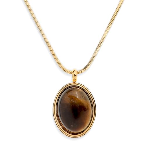 Sonateomber Gold Stone Pendant Necklace for Women, Chunky Statement Dainty Heart Oval Natural Gemstone Dangle Necklaces Wedding Prom Accessories Fashion Jewelry Gift - color: Brown Tiger Eye
