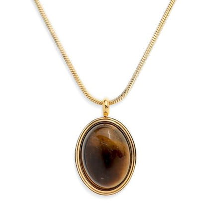 Sonateomber Gold Stone Pendant Necklace for Women, Chunky Statement Dainty Heart Oval Natural Gemstone Dangle Necklaces Wedding Prom Accessories Fashion Jewelry Gift - color: Brown Tiger Eye