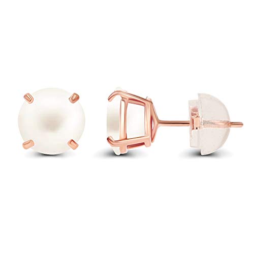 Solid 14K Yellow or White or Rose Gold 6mm Round Genuine Birthstone Gemstone Prong Set Stud Earrings For Women - color: Freshwater Cultured Pearl