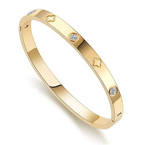 RIMRIVA Gold Bracelets for Women Friendship Love Bangle Jewelry | Stainless Steel Bracelet Jewelry Christmas Birthday Gifts for Women Stocking Stuffers Wedding Valentines Her - color: Gold - Clover, size: Medium