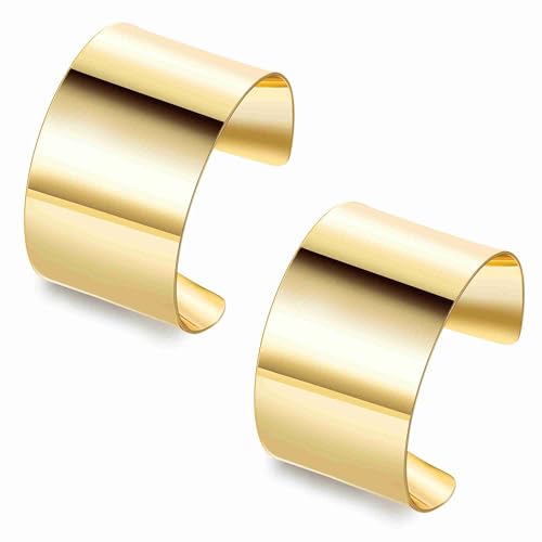 2 Pcs Gold Cuff Bangle Bracelet Set for Women Irregular Minimalist Statement Bangle Bracelets Wide Open Chunky Wire Bracelets Wrist Cuff Adjustable Hammered Bracelet - color: Gold A