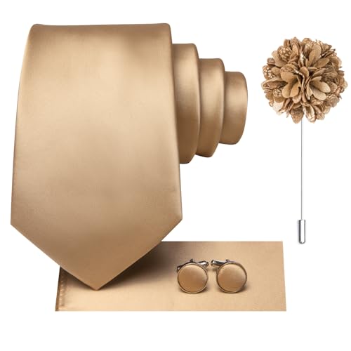 Hi-Tie Men's Silk Ties Formal Woven Classic Necktie Pocket Square Cufflinks Lapel Pin Set Wedding Business - color: Champagne Gold