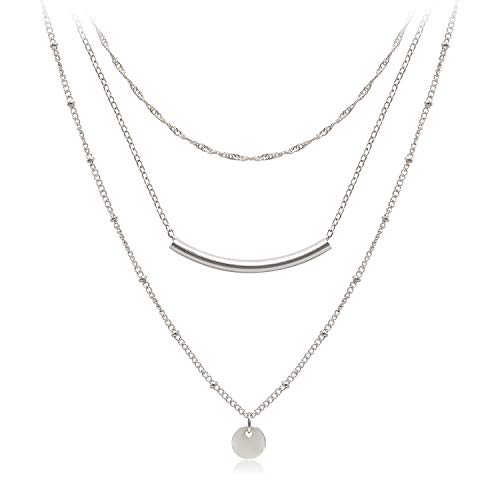 Aisansty Dainty Layered Choker Necklaces Handmade Coin Tube Star Pearl Pendant Multilayer Adjustable Layering Chain Gold Plated Necklaces Set for Women - color: Silver, style: Silver Coin&Bar