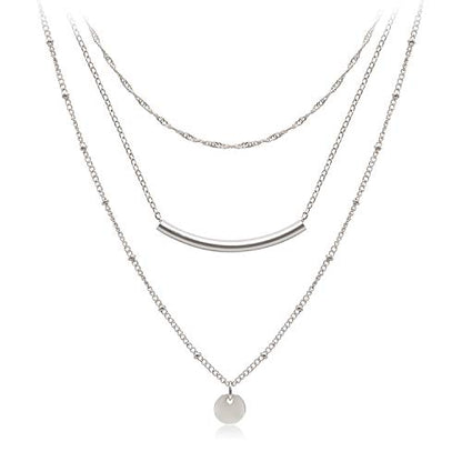 Aisansty Dainty Layered Choker Necklaces Handmade Coin Tube Star Pearl Pendant Multilayer Adjustable Layering Chain Gold Plated Necklaces Set for Women - color: Silver, style: Silver Coin&Bar
