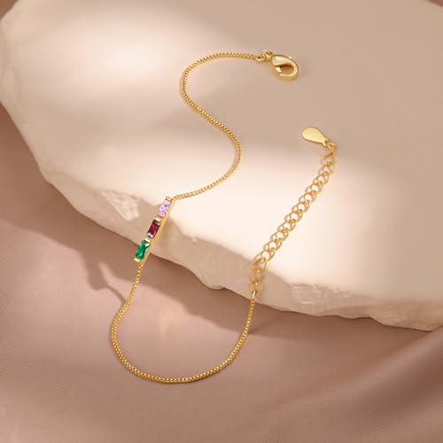 Sterling Silver Personalized 1-6 Birthstone Bracelet for Women Mothers Day Bracelet for Mom Daughter Custom Dainty Jewelry for Christmas Birthday Gift Ideas - style: Gold-3 stones