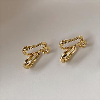 Minimalist Double Line Teardrop Cuff Wrap Clip on Earrings for Women Non Pierced Ear Unique Design 14K Gold Plated Silver Fake Hoop Hypoallergenic Fashion Trendy Jewelry - color: gold