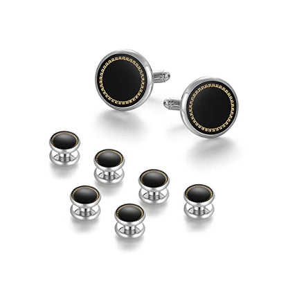 wynameleri Mens Cufflinks and Studs Set Blanks Round 4 Colors Shirt Tuxedo Buttons Packed in Cufflink Box for Business Wedding Jewelry - color: Black