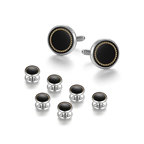 wynameleri Mens Cufflinks and Studs Set Blanks Round 4 Colors Shirt Tuxedo Buttons Packed in Cufflink Box for Business Wedding Jewelry - color: Black