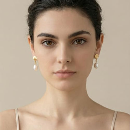 Pearl Earrings VeroSteel Dangle Earrings for Women, Dainty 14k Gold Huggie Hoop Earrings with Pearls, Trendy Pearl Drop Earrings, Stainless Steel Hypoallergenic Stud Earrings For Sensitive Ears - style: Shell